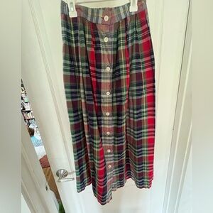 British Khaki Red, Blue, and Green Plaid Midi Skirt